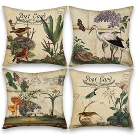 Asamour Vintage Farmhouse Animals Plant Pillow Covers 24x24 Inch Set of 4 Country Rustic Botanical Floral Bird Butterfly Hedgehog Gardens Decorative Throw Pillows Cushion Case for Home Decor