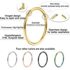 Nose Ring Gold Hinged 20 g 18 g 16 g Nose Piercing Ring 6 mm - 16 mm Septum Ring Clicker Piercing Set, Metal, No Gemstone