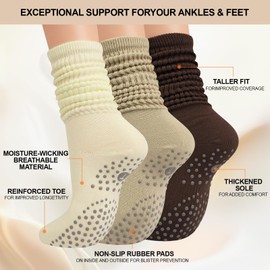 H HOME-MART (3 Pairs) Scrunch Pilates Grip Socks for Women – Perfect for Yoga, Barre, Dance, and Gym Workouts; Long Slouch Socks with Non-Slip Grip for Hospital and Exercise Use
