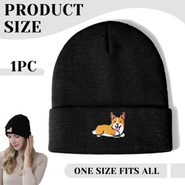 Muorruo Knitted Hat with Turn-Up Brim and Corgi Embroidery, Warm Winter Hat with Cuff, Cosy Ski Hat for Men and Women, Winter House Hat for Corgi Lovers