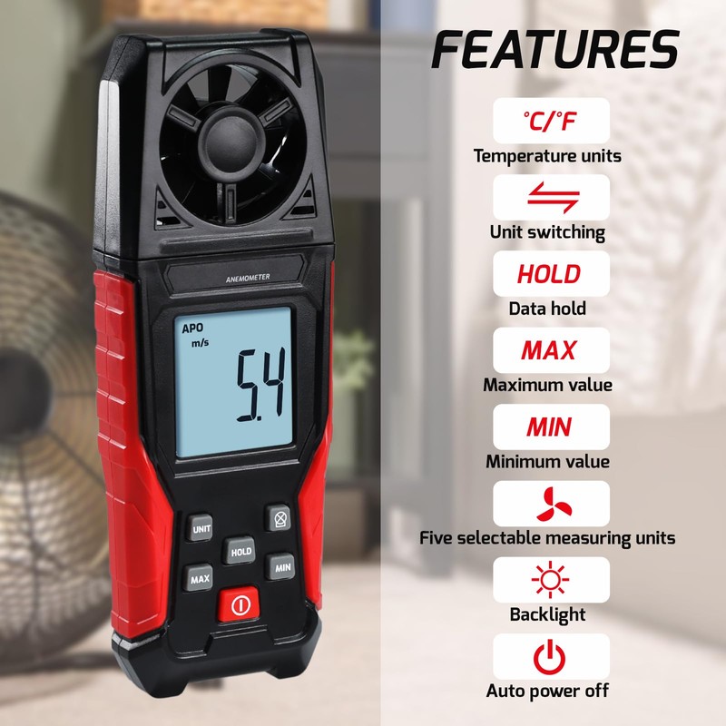 Digital Anemometer Wind Speed Meter (0.3-30 m/s) Air Velocity &