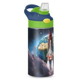 Outer Space Rocket Kids Water Bottle with Straw and Carry Handle Galaxy Planet Earth Satellite Vacuum Insulated Stainless Steel Bottles 12 oz Green Lid Leak-Proof for Boys Girls Toddler 4-8 Years Old