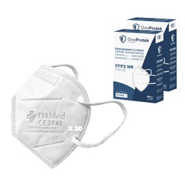 OneProtek FFP2 NR Mask, 2 Packs of 10, CE Certified, EN149 Certified, Respirator Mask, 5 Layers Filtration, White, Comfortable and Strong Elastic