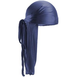 Smooth Silk Durag for Men Women Waves Long Double Wide Straps (Navy Blue)