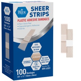 MED PRIDE Sheer Plastic Strip Bandages Sterile Bandages with Non-Stick Pad for Wound Care- First Aid Strips with Hypoallergenic Adhesive- Sensitive Skin Latex Free Bandages [100 Pieces] (3/8” x 1.5”)