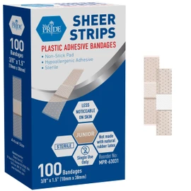 MED PRIDE Sheer Plastic Strip Bandages Sterile Bandages with Non-Stick Pad for Wound Care- First Aid Strips with Hypoallergenic Adhesive- Sensitive Skin Latex Free Bandages [100 Pieces] (3/8” x 1.5”)