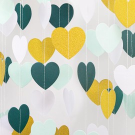 Sage-Green Gold White Mint-Green Party-Decorations - 52Ft Heart Paper Garland Streamers Birthday Banner Bridal Baby Shower Wedding Bachelorette Engagement Graduation Hanging Decor Hongtongtong