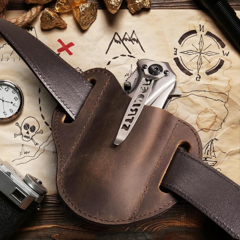 MUZZIOU Handmade Leather Pocket Knife Sheath, Folding Knife Sheath Compact