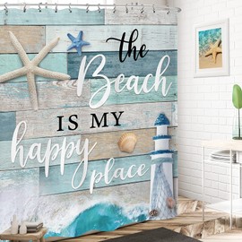 LIGHTINHOME Beach Shower Curtain 72Wx72H Inches Vintage Rustic Wood Starfish Ocean Quote Words Seashell Lighthouse Nautical Bathroom Decor Fabric Waterproof Polyester Home Decor Set with Hooks