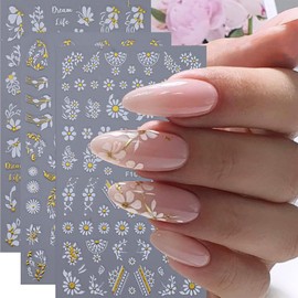 Flowers Nail Art Stickers Decal Gold Nail Stickers White Gold Cherry Blossoms Daisy Nail Stickers 3D Self-Adhesive Gold Butterfly Leaves Floral Nail Stickers Decoration for Women Manicure Supplies
