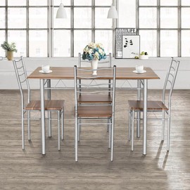 Giantex Modern 5 Piece Dining Table Set for 4 Chairs Wood Metal Kitchen Breakfast Furniture (Shallow Walnut)