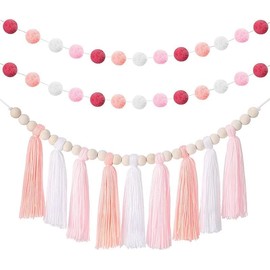 3PCS Boho Tassel Garland, BetterJonny Pastel Tassel Pom Pom Garland Tassel Wood Bead Garland Banner Colorful Balls Garlands Wall Hanging Decor for Nursery Decor Classroom Bedroom Photo Prop Birthday