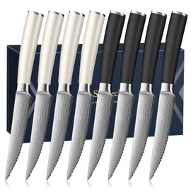 Sunnecko Steak Knives Set of 8,Premium Stainless Steel Serrated Steak Knives Set,Pakkawood Handle 4.5 Inch Kitchen Steak Knife with Gift Box(White/Black Handle)