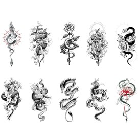 10 Sheets Temporary Tattoos For Women Girls Flowers Snake Dragon Temporary Tattoo Men Children Waterproof 3D Body Art Sticker Arm Tattoos Sticker Body Sticker
