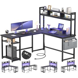 Homieasy L-Shaped Computer Desk with Storage Shelves  Outlets, Gaming Desk, Office Desk - Black