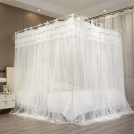 NXGIO Bed Canopy Curtain Double Layer 4 Corners Post Lace Up Ruffle Princess Drape Netting 4 Opening Mosquito Net for Girls Bedroom Decoration (White, 59" W*82" L*82" H/Queen)