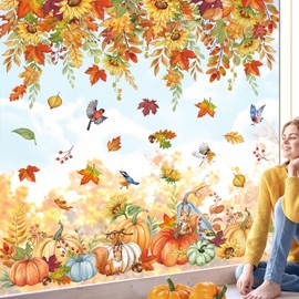 wondever Fall Sunflower Window Clings Autumn Harvest Hanging Flower Vine Pumpkin Glass Sticker Decal Anti Collision Double-Side Static Window Stickers for Home Glass Window