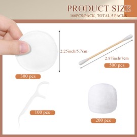Heigble 1100 Count Hotel Vanity Set Bulk 200 Count Cotton Balls 300 Count Cotton Rounds 500 Count Cotton Swabs with Double Round Tip 100 Count Dental Floss Picks for Face Makeup Removal Toiletries