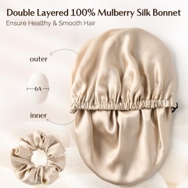 YANIBEST 22 Momme 100% Mulberry Silk Bonnet for Sleeping, Double Layer Sleep Cap Hair Wrap for Women, Natural Silk Hair Bonnet with Scrunchie