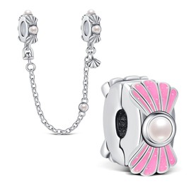KEQ Stopper Clip Charms fit For Bracelet Necklace 925 Sterling Silver Spacer Beads with 5A Cubic Zirconia Christmas Mother's Day Gift for Women (SHELL BEAD CHAIN)