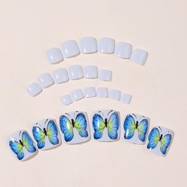 White Press on Toenails Short Square Fake Toe Nails with Blue Butterfly Design Glossy White Glue on Toenails Summer False Toenails Yellow Butterfly Stick on Toenails for Women Girls Manicure 24Pcs