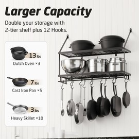KES 30-Inch Silver Gray Pot Rack Wall Mounted, 2-Tier Hanging Pot and Pan Organizer with 12 Sturdy Hooks, Kitchen Wall Hanger Shelves Modern, KUR215S75B-SG