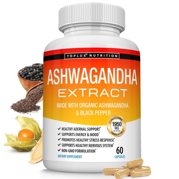 Organic Ashwagandha Root Powder Pills 1950 Mg with Black Pepper Extract - Pure Natural Ashwagandha Supplement, Support Energy, for Men Women, 60 Capsules