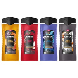Lynx Shower Gel Men's 4 Pack Bundle of 400ml Body Wash in Black Vanilla, Blue Lavender, Cherry Spritz & Peach Infusion, Invigorating Scents for Daily Freshness