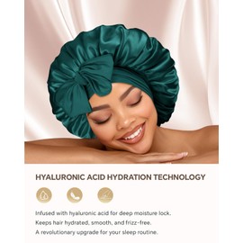 Silk Hair Bonnet for Sleeping Hyaluronic Acid Infused Satin Bonnet with Adjustable Ties,Double-Layer Soft for Women, Dark Green, Large