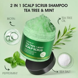 VOERUY Exfoliante para el cuero cabelludo, champú exfoliante de árbol de té, tratamiento 2 en 1 con aceite de menta, tratamiento capilar para aclarar 