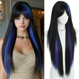 7JHH WIGS 35IN Long Hair Natural Black Highlight Blue Straight Wigs High Layered Cut Women Synthetic Heat Resistant Fiber Cutrain Bangs Wig for Women Fashion Edgy Daily Party Cosplay