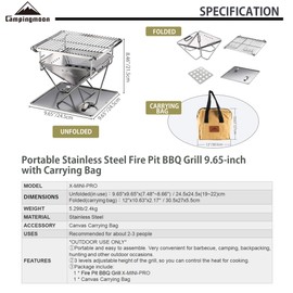 CAMPINGMOON Tabletop Small Charcoal Grill Mini Portable Fire Pit 9.65-inch Stainless Steel with Carrying Bag X-Mini-PRO