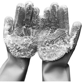 Forliver Silicone Dish Washing Cleaning Sponge Gloves, Dog Care, Silicone Reusable Rubber Brush Scrubber Gloves for Pet Grooming Bathing, Car Washing. 1 Pair (13.6" Large)