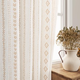 Natural Linen Boho Curtains for Living Room Light Filtering Gold Stripe Geometric Pattern Semi Sheer Curtains 120 inch Long Western Bohomian Drapes Cream Rustic Farmhouse Home Decor Back Tab 2 Panels