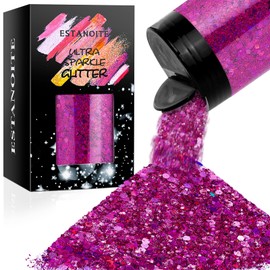 Holographic Chunky Glitter, 5.64oz/160g Craft Glitter Powder Mixed Chunky & Fine Flakes, Iridescent Sequins for Nail Art, Hair, Body, Eye Epoxy Resin, Tumblers, Painting, Festival Decor (Fuchsia)