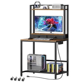 YATINEY Computer Desk with Hutch and Drawers, Home Office Desk with Power Outlets, Gaming Desk with Monitor Stand and Wheels, for Living Room, Home Office, Rustic Brown DN02UBR