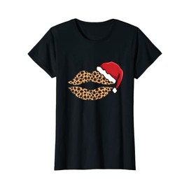 Womens Leopard Pattern Lips Santa Hat Christmas Office Party Women T-Shirt