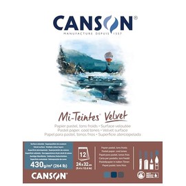 CANSON Mi-Teintes Velvet Pastel Paper, Velvety Surface, 430 g/m², Glued on the Short Side, 24 x 32 cm, 3 Cool Tones, 12 Sheets