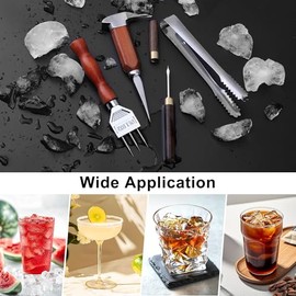 Juego de 4 palillos de hielo, trituradora de hielo de acero inoxidable con mango de madera, kit de barman trituradora de hielo con pinzas, ideal para bares, cocina y arte de tallado