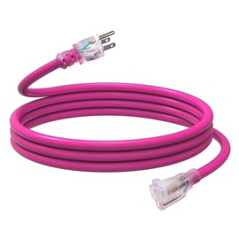 EP 10 Ft Outdoor Extension Cord, 12/3 SJTW Heavy Duty Waterproof Power Cable, 3 Prong Grounded Plug, Lighted End, for Lawn, Garden, Appliances, Pink