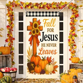 BlissYard Fall for Jesus Door Cover Thanksgiving Backdrop Pumpkin Cross Sunflower 71x35 Inch Christian Fall Banner for Autumn Decorations Sign for Porch Wall Decor Photo Booth Props