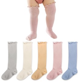 MFDYMYGS 5 Pairs Girls Knee High Socks,Cotton Baby Girl Socks,Ruffle Newborn Socks Gift (UK, Age, 1 Year, Regular, 5, Gray/White/Pink/Blue/Khaki)