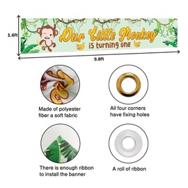 WPCTYQ Our Little Monkey is Turning One Large Banner,Safari Theme Baby 1st Birthday Banner,Safari Green Leaves Bananas Jungle Wild One 1st Boy Birthday Photography Banner.9.8*1.6FT
