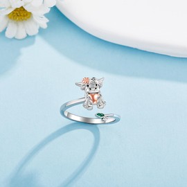 AXOMY Highland Cow Ring 925 Sterling Silver Adjustable Cute Cow Open Rings with Leaf Cow Jewelry Gift for Women