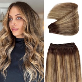 Balayage Sew in Hair Extensions Real Human Hair Weave Bundles Silky Soft Medium Brown Highlight Blonde Sew in Weft Hair Extensions 12 Inch 80G Full Head Brown Balayage Human Hair Weft with Highlights