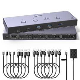 UGREEN 8K@60Hz HDMI KVM Switch 4 Computers with 4 USB 3.0 Ports Aluminum KVM Switches Share One Monitor Keyboard Mouse Hard Drives Printer with 4 HDMI Cables, 4 USB Cables and Desktop Controller