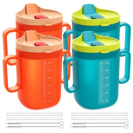 4 Pack Adult Sippy Cup with Handles and Straw Lid, Set with 4 Straw Brush, 300ml Large Capacity Spill Proof Cup for Elderly, Patients, Disabled, Pregnant - Microwave and Dishwasher safe
