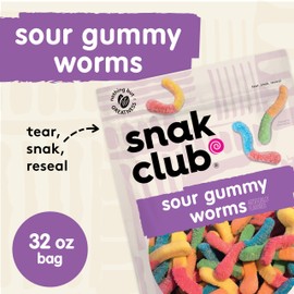 Snak Club Sour Gummy Worms, Assorted Sweet and Sour Gummies, Bulk Candy, Gluten-Free Snacks, Non-GMO, 32 oz Resealable Bag