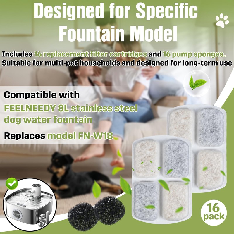 16+16 Pcs Dog Water Fountain Filters Compatible with Feelneedy FN-W18
