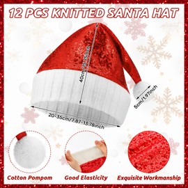 Ramede 12 Christmas Knitted Elf Hats Santa Hat for Adults Xmas Beanie Winter Hats with Pompom Bulk Crochet Caps for Women Men (Red,Sequin)